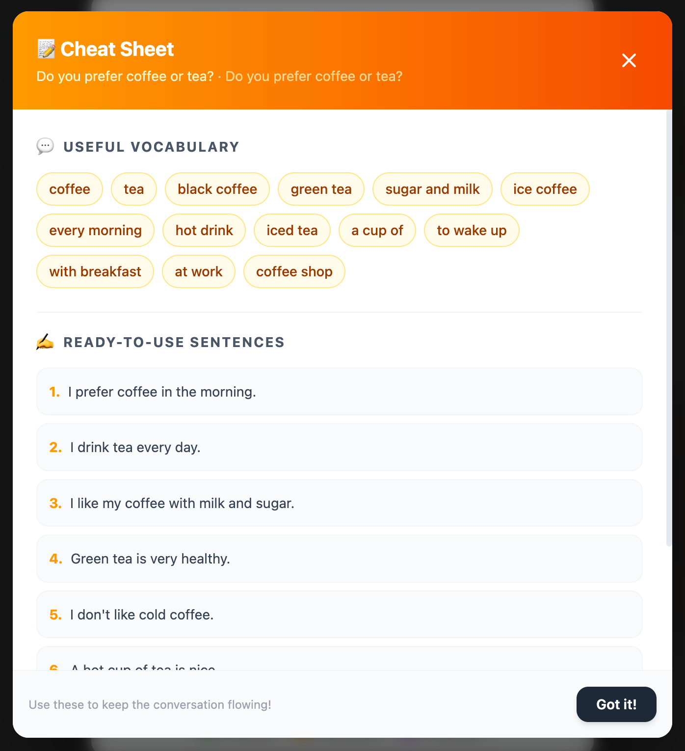 Cheat Sheet 產出的實用單字與可直接套用的句子
