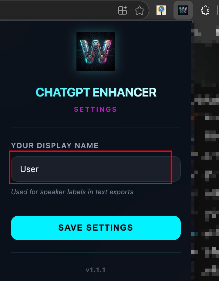 擴充設定裡的 Your Display Name 欄位,用來設定匯出文字裡的發話者姓名