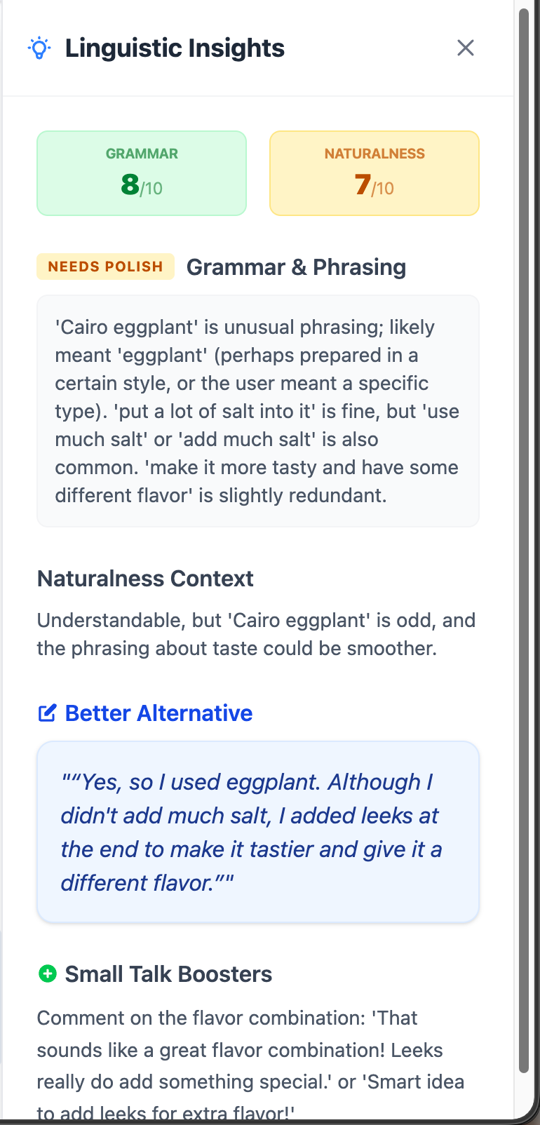 逐句分析抽屜,顯示 Grammar 與 Naturalness 分數以及更自然的講法