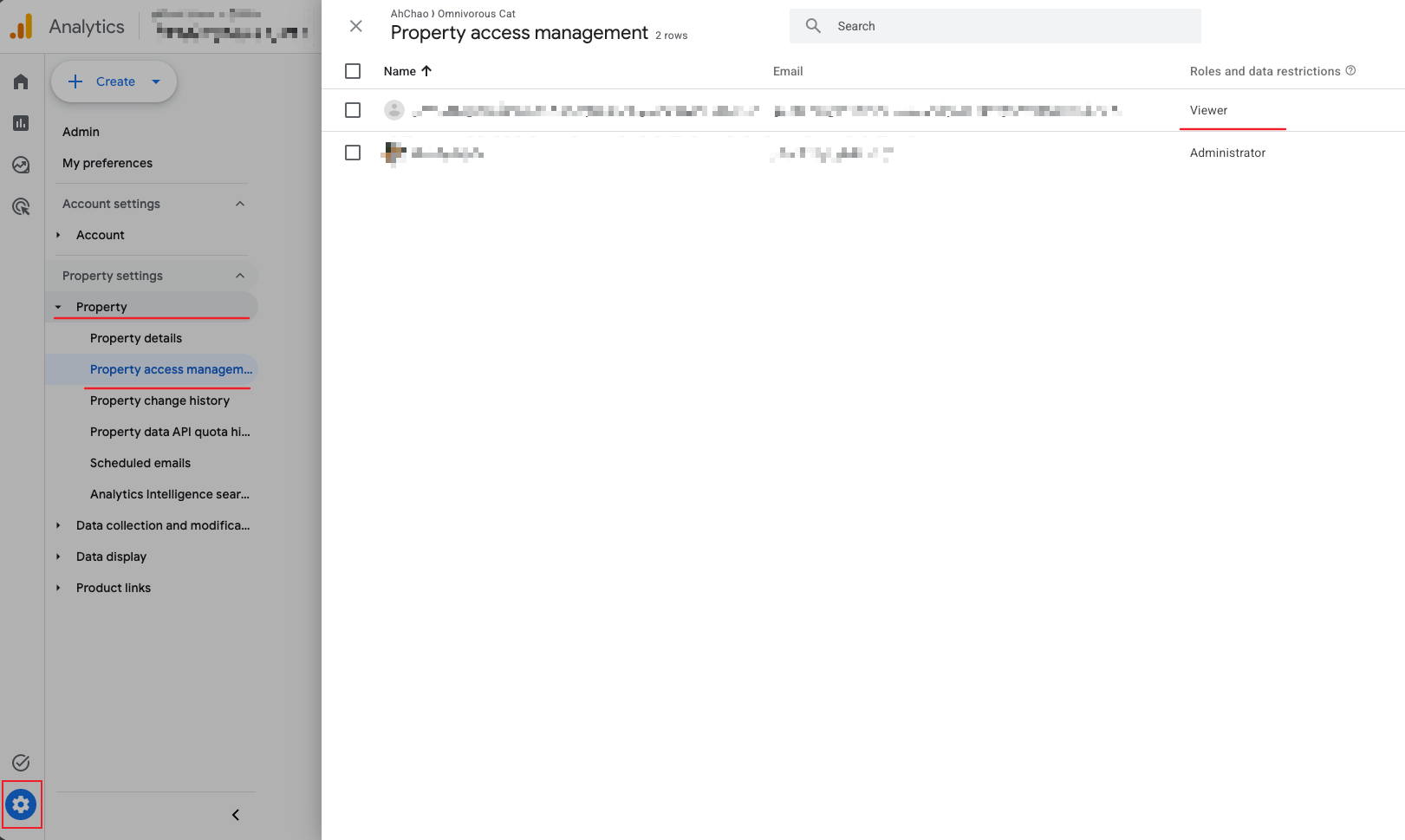 The Property access management page in GA's admin, setting the service account's role to Viewer